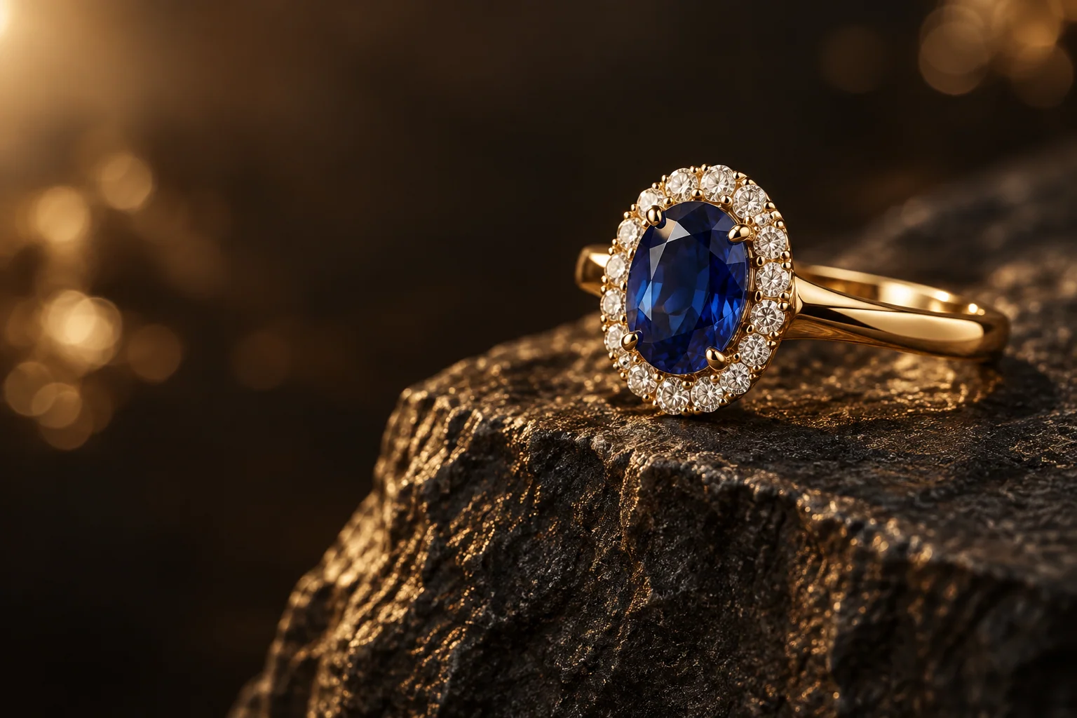 Illustrative gold ring with a blue sapphire and diamond halo