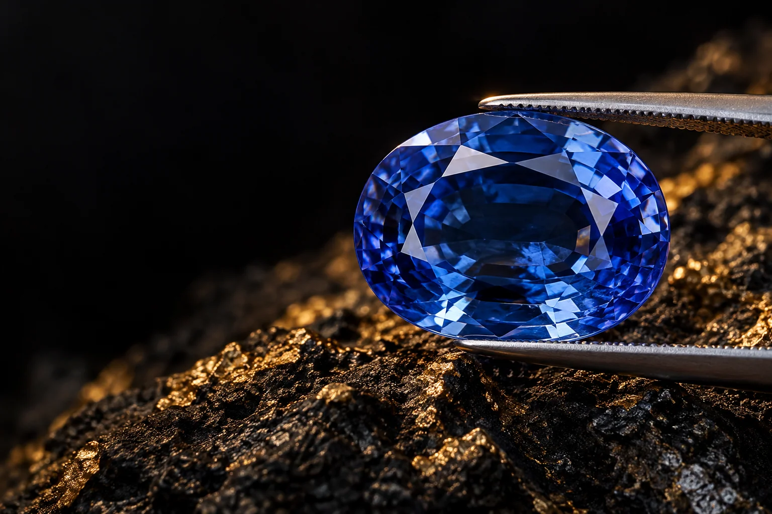 Illustrative blue sapphire held in gem tweezers above dark stone